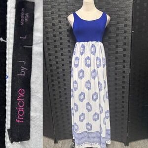 Fraiche by J Large Blue White Medallion Print Open Back Maxi Dress Made in USA